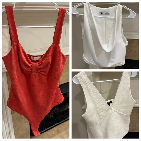 Three medium tops — 2 cropped (Zara & Banana Republic) & 1 bodysuit (Dillards) - Picture 1 of 15